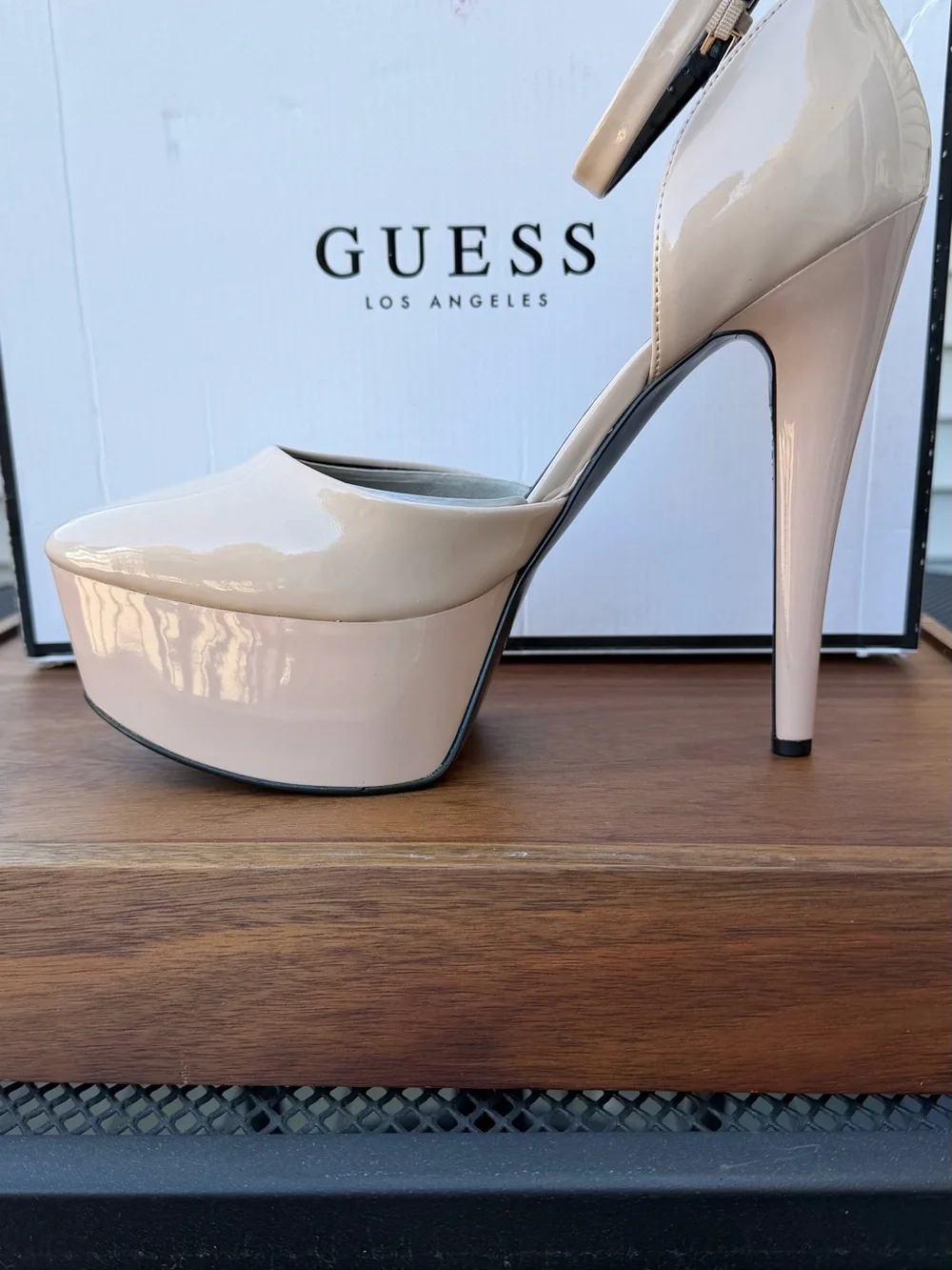 GUESS Nude Patent Platform Ankle-Strap Pump